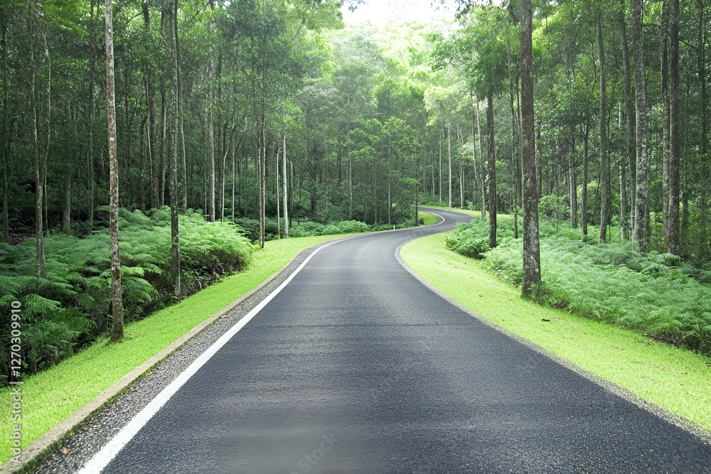 Road to Serenity: A winding asphalt road carves its way through a verdant forest, inviting exploration and promising a journey of peace and tranquility. The path is flanked by towering trees. Road to Serenity: A winding asphalt road carves its way through a verdant forest, inviting exploration and promising a journey of peace and tranquility. The path is flanked by towering trees.