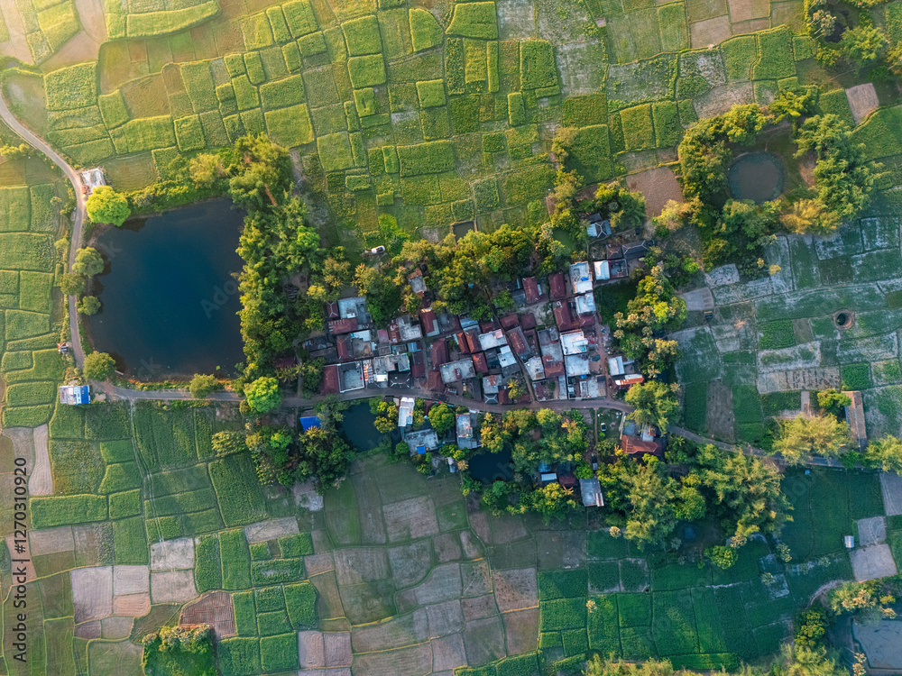 Fototapeta premium A stunning aerial shot of a quaint village waking up to the first light of the sun, with soft mist hovering over fields and houses. Ideal for countryside and lifestyle visuals.