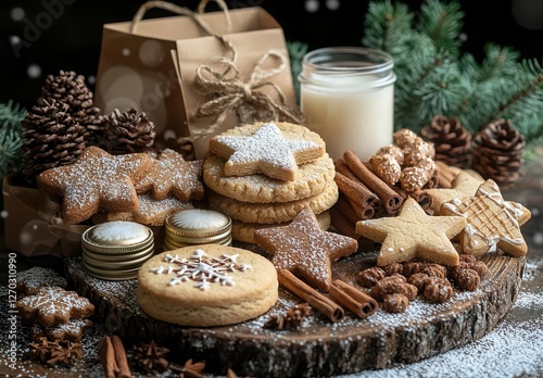 Christmas still life with gingerbread cookies, star-shaped shortbread, and cinnamon sticks on the table. A festive atmosphere evokes the Christmas and holiday spirit. Copy space