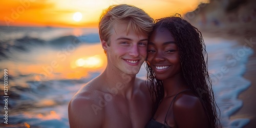 Cinematic, close-up of a white man and a black woman on the beach at sunset, romantic ambiance, love story, cinematic atmospheres. Copy space