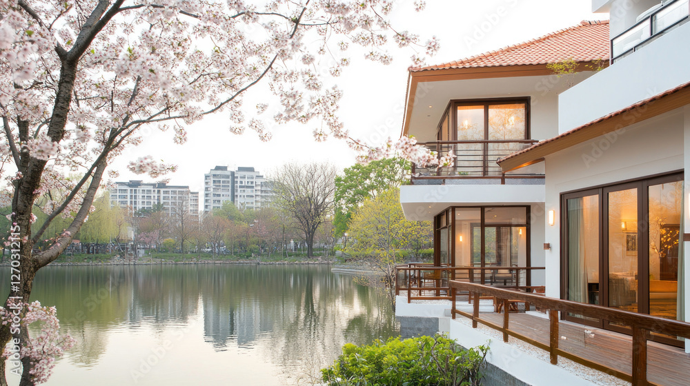 Scarpa modern villa architecture design by calm lakeside pink cherry blossom at spring Scarpa modern villa architecture design by calm lakeside pink cherry blossom at spring