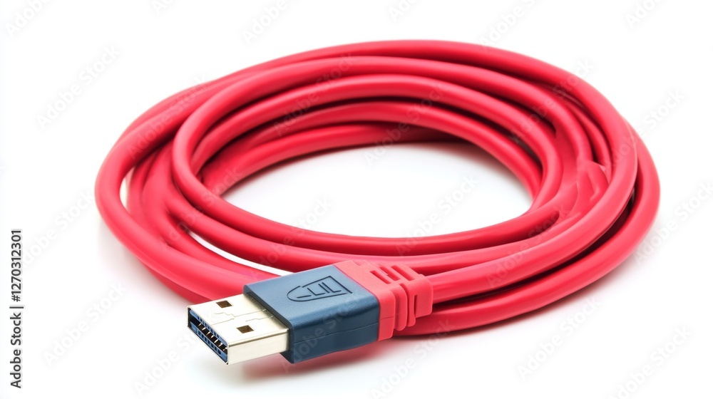 Red USB Cable Isolated on White Background for Technology Use Red USB Cable Isolated on White Background for Technology Use