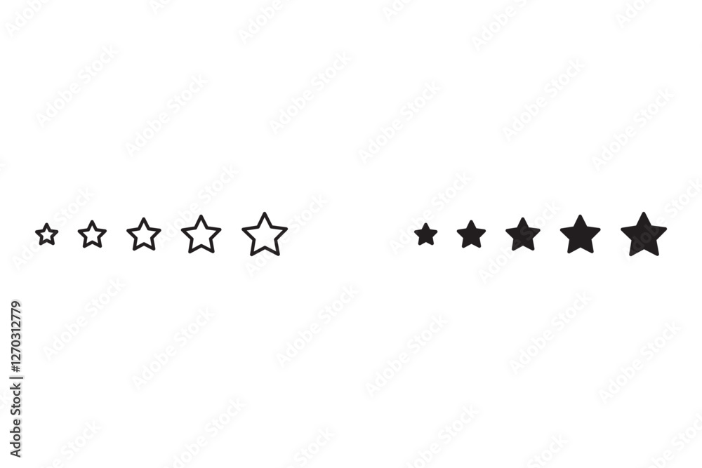 Five star customer product review icon set. Five star rating. Yellow 5 star flat icon for apps and websites. Quality, customer ratings, feedback.