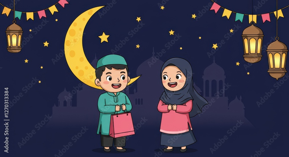 Naklejka premium a cheerful illustration of two people, likely a child and an adult, celebrating Eid.