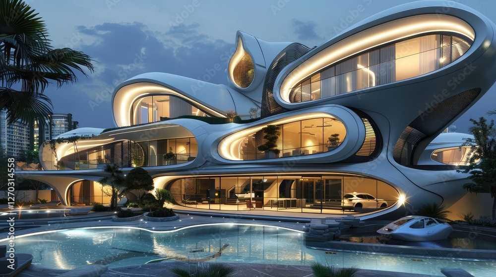 Fototapeta premium Stunning Futuristic Mansion Featuring Unique Architecture and Elegant Poolside