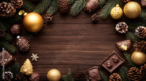 Festive Christmas Arrangement with Ornaments and Chocolates on Wood