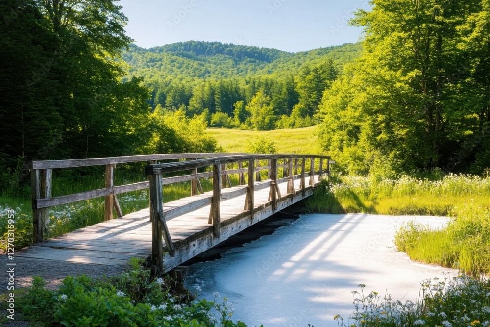 Summer snowy concept. A serene wooden bridge spans a tranquil stream, surrounded by lush green trees and rolling hills under a clear blue sky. Summer snowy concept. A serene wooden bridge spans a tranquil stream, surrounded by lush green trees and rolling hills under a clear blue sky.
