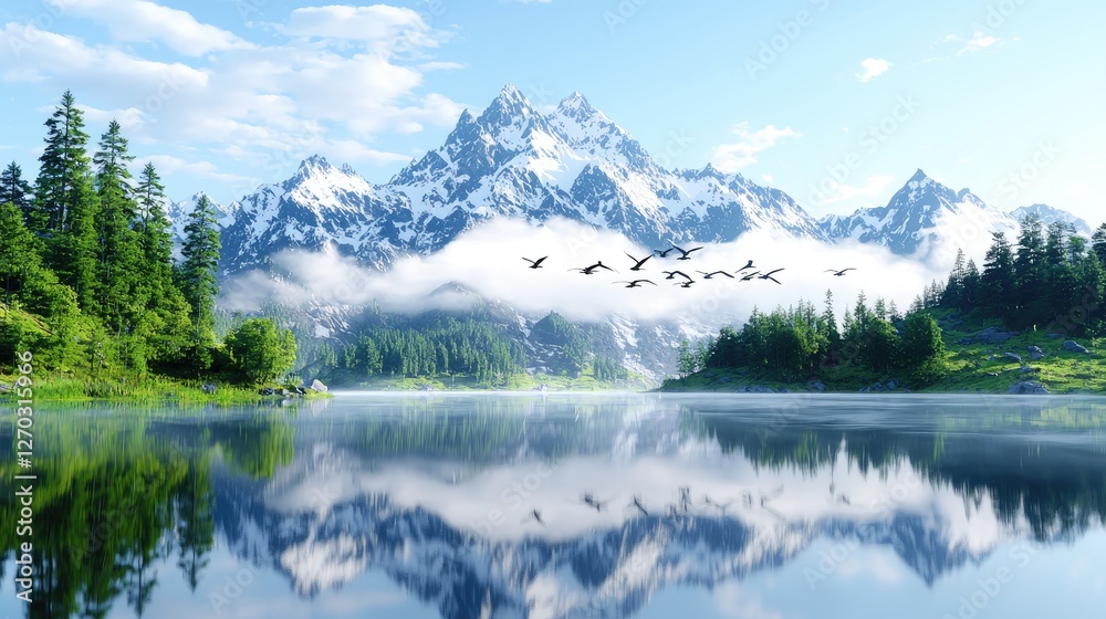 Birds fly over serene mountain lake Birds fly over serene mountain lake