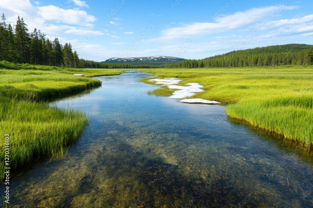 Summer snowy concept. A serene landscape featuring a clear stream surrounded by lush green meadows and trees under a bright blue sky. Summer snowy concept. A serene landscape featuring a clear stream surrounded by lush green meadows and trees under a bright blue sky.