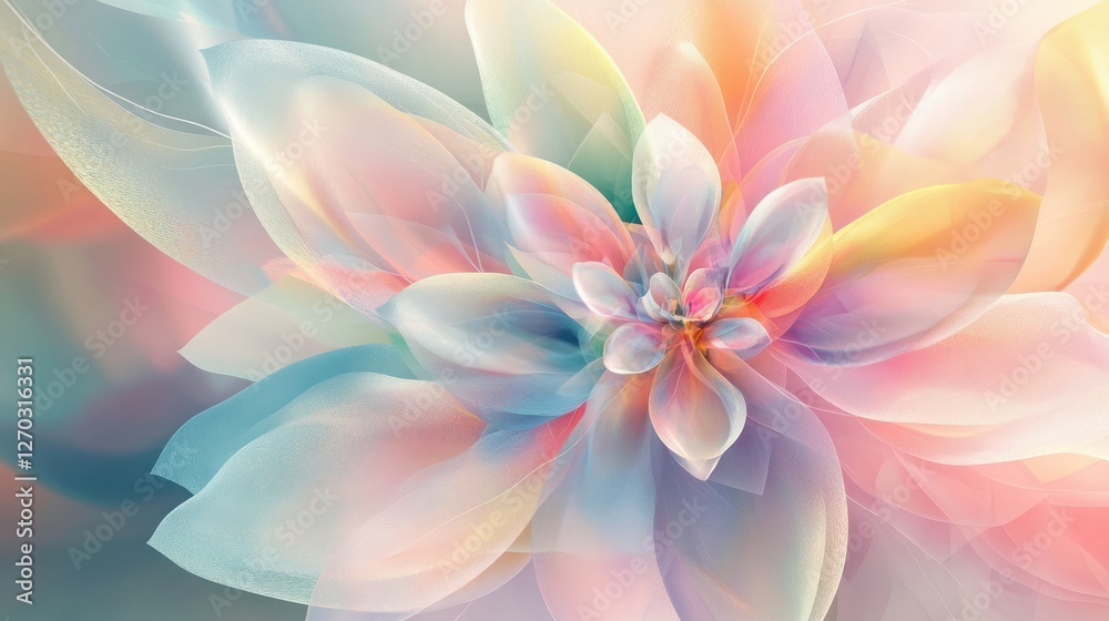 Fototapeta premium A vibrant and ethereal floral design featuring soft pastel colors and translucent petals, creating a dreamy atmosphere suitable for backgrounds in digital art or wellness themes