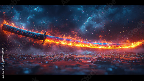 Fiery katana sword ablaze, floating over dark ground, under a stormy night sky.