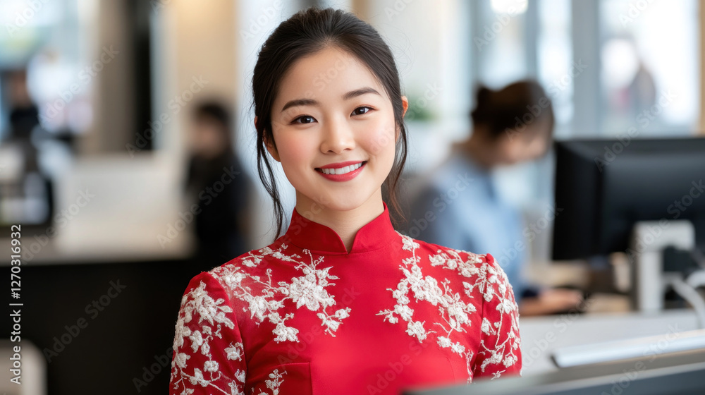 Chinese business woman in red dress with white embroidery smiling standing at hotel front desk