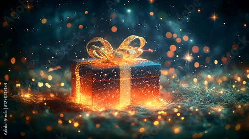 Glowing Christmas Gift Box with Ribbon and Sparkling Background