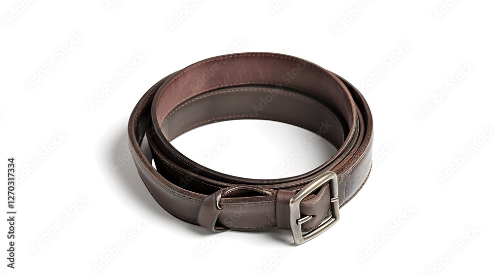 A simple and distinct belt is prominently displayed all alone on a clean, expansive white background. The belt's design, texture, and details are clearly visible, making it a focal point. This unclutt A simple and distinct belt is prominently displayed all alone on a clean, expansive white background. The belt's design, texture, and details are clearly visible, making it a focal point. This unclutt