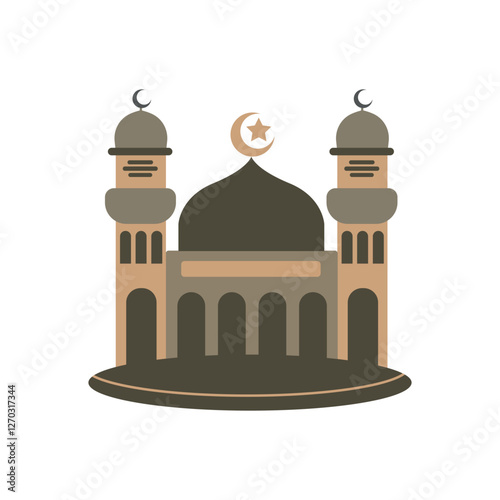 flat design of people prostrating or praying, kaaba, mosque, moon with mosque and kaaba icon elements for islamic holiday greeting