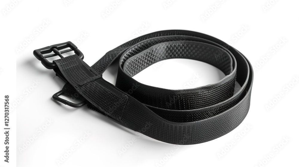 A simple and distinct belt is prominently displayed all alone on a clean, expansive white background. The belt's design, texture, and details are clearly visible, making it a focal point. This unclutt A simple and distinct belt is prominently displayed all alone on a clean, expansive white background. The belt's design, texture, and details are clearly visible, making it a focal point. This unclutt