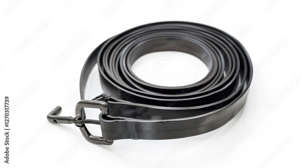 A simple and distinct belt is prominently displayed all alone on a clean, expansive white background. The belt's design, texture, and details are clearly visible, making it a focal point. This unclutt A simple and distinct belt is prominently displayed all alone on a clean, expansive white background. The belt's design, texture, and details are clearly visible, making it a focal point. This unclutt