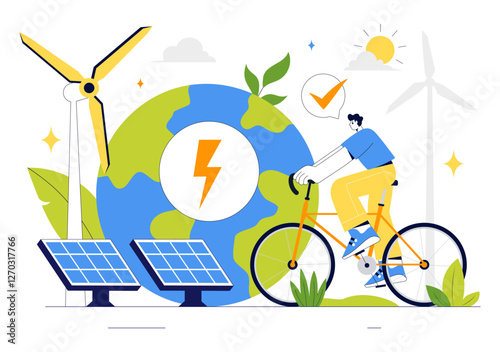 Sustainable Living Vector Illustration featuring Eco Friendly Practices, Wind Turbines Generating Renewable Energy and an Environmentally Green Energy