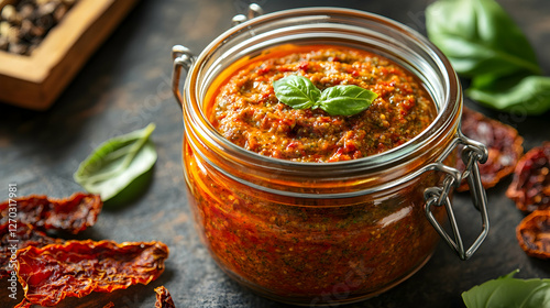 Fresh Homemade Pesto Sauce in a Glass Jar with Herbs and Sun-Dried Tomatoes