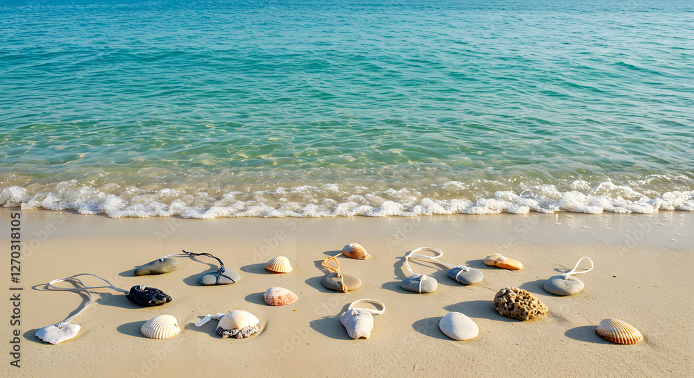Tranquil beachscape featuring polished stones and seashells with necklaces Tranquil beachscape featuring polished stones and seashells with necklaces