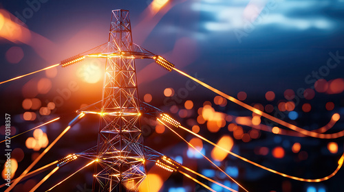 futuristic energy grid with glowing power lines and transmission tower, showcasing advanced technology and dynamic energy flow. scene evokes sense of innovation and progress