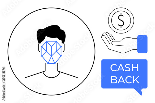 Portrait with facial recognition grid. Open hand offering coin and cash back speech bubble. Ideal for digital payments, security, facial ID, e-commerce rewards, technology, finance, customer