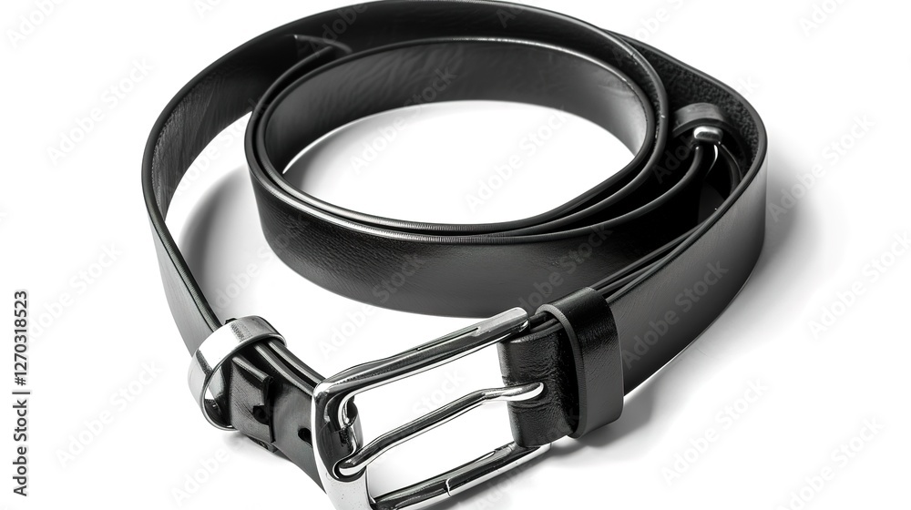 A simple and distinct belt is prominently displayed all alone on a clean, expansive white background. The belt's design, texture, and details are clearly visible, making it a focal point. This unclutt A simple and distinct belt is prominently displayed all alone on a clean, expansive white background. The belt's design, texture, and details are clearly visible, making it a focal point. This unclutt