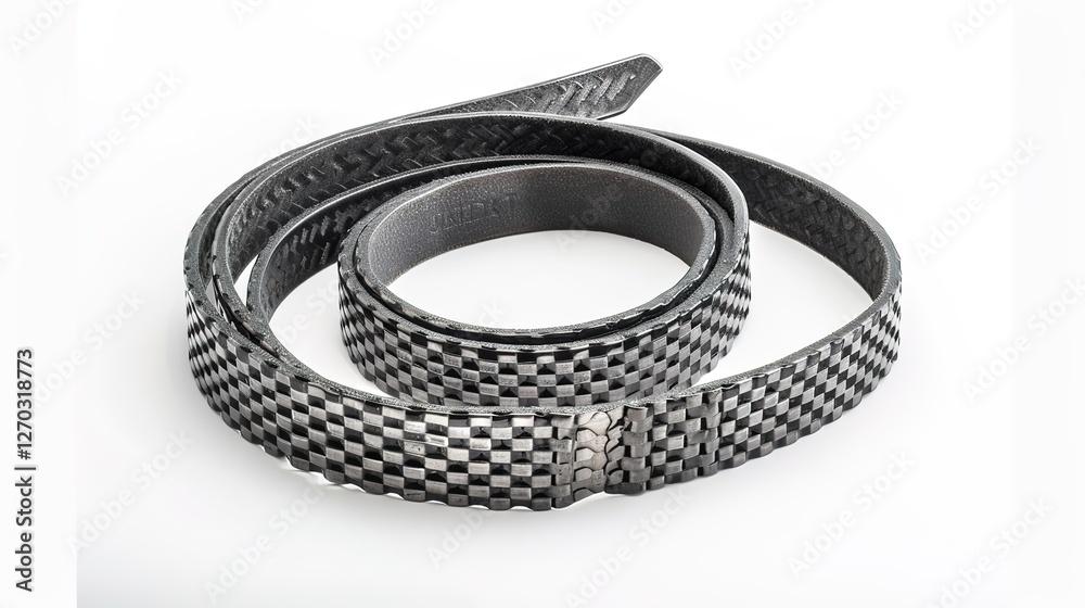 A simple and distinct belt is prominently displayed all alone on a clean, expansive white background. The belt's design, texture, and details are clearly visible, making it a focal point. This unclutt A simple and distinct belt is prominently displayed all alone on a clean, expansive white background. The belt's design, texture, and details are clearly visible, making it a focal point. This unclutt