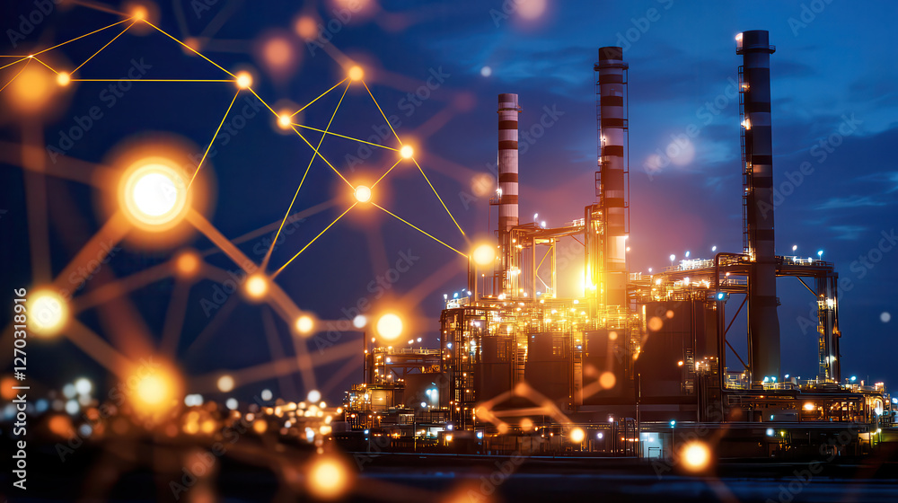 geothermal power station illuminated at night, showcasing advanced technology and energy optimization. image highlights integration of AI in energy management
