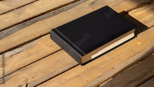 Black Hardcover Book Resting on Rustic Wooden Planks with Sunlight