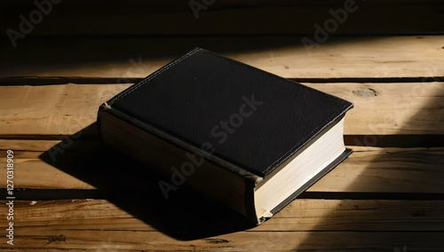 Closed Black Book on Wooden Surface with Light and Shadow