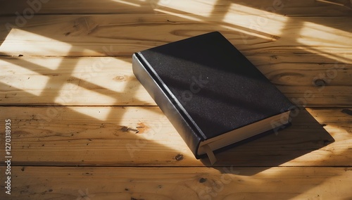 Black Book on Wooden Table with Light and Shadow Study