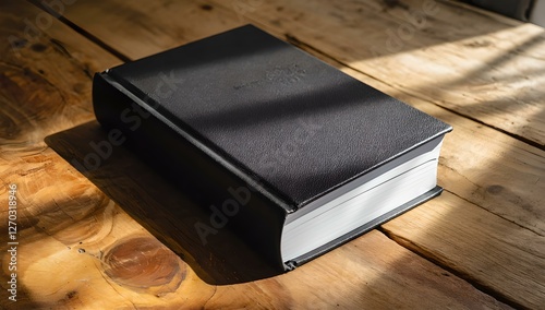 Closed Black Hardcover Book on Rustic Wooden Table with Sunlight