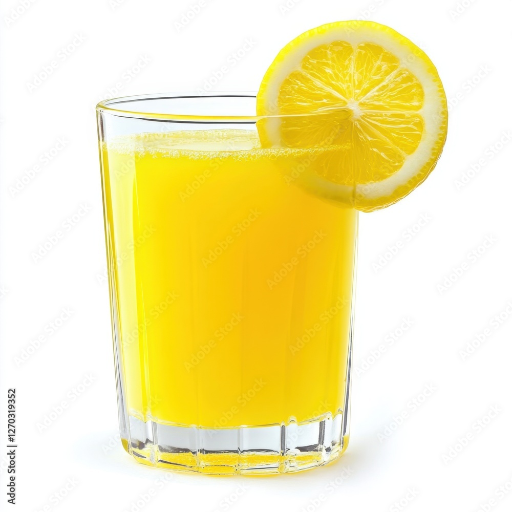 Glass of orange juice with slice of lemon isolated on white background.