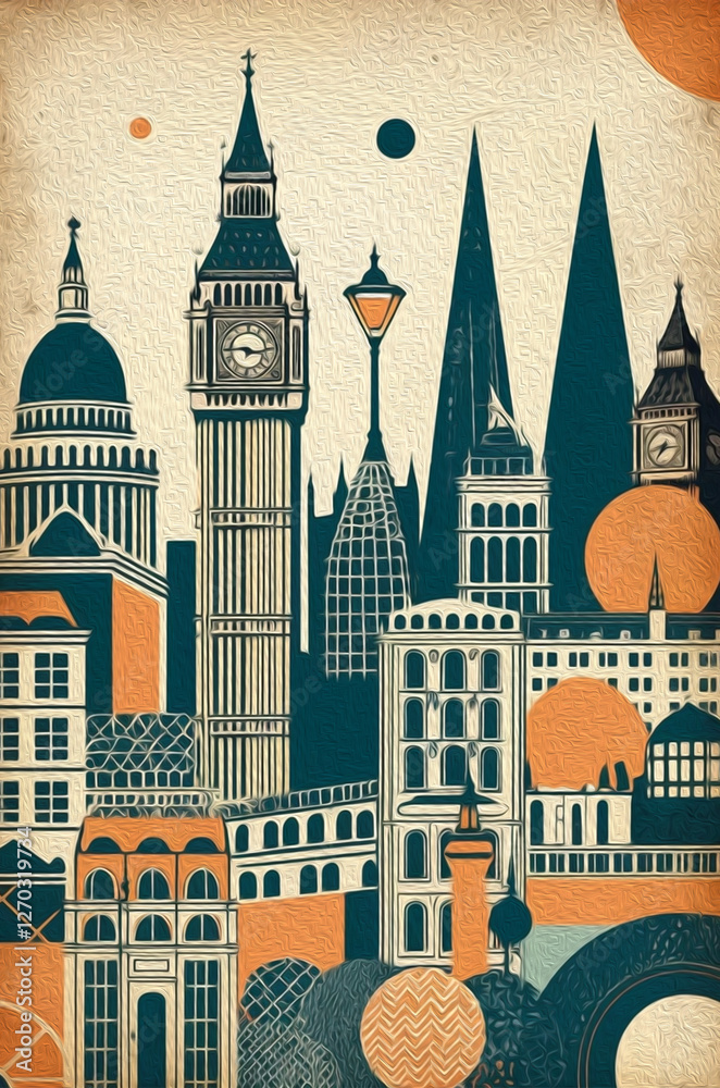 Fototapeta premium Oil painting. City landscape. Pattern for printing on wall decorations, fabrics, and for use in graphics.