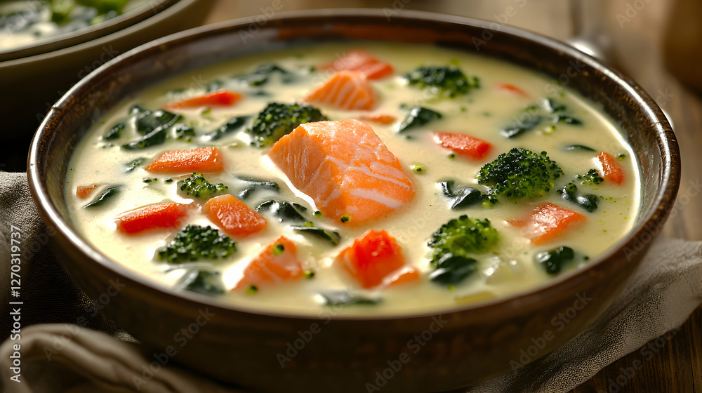 Creamy Salmon Soup with Broccoli and Carrots in Rustic Bowl Creamy Salmon Soup with Broccoli and Carrots in Rustic Bowl