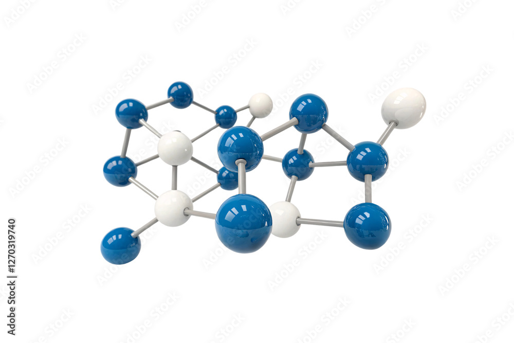 Obraz premium A blue and white molecular structure with interconnected hexagonal and pentagonal rings. The complex bonding suggests a material like graphene oxide, isolated on a transparent background