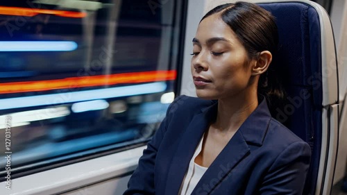 The video captures a contemplative woman on a train, with a focus on her reflective expression. The camera angle emphasizes her thoughtful mood.
