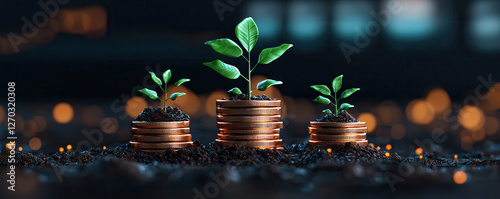 Growing plants on coins symbolize sustainable investment and financial growth. This captures essence of eco friendly finance and importance of nurturing both nature and wealth photo