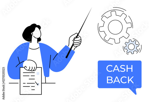 Businessperson with blue jacket holding paper, pointing at gears, explaining process. Blue speech bubble with CASH BACK. Ideal for business, finance, rewards, teaching, process elucidation financial