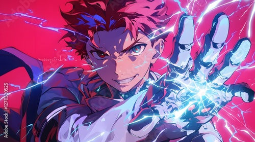 A young man with red hair and blue eyes, depicted in an anime style, wears black gloves on his hands and holds a glowing electric ball, Generative AI