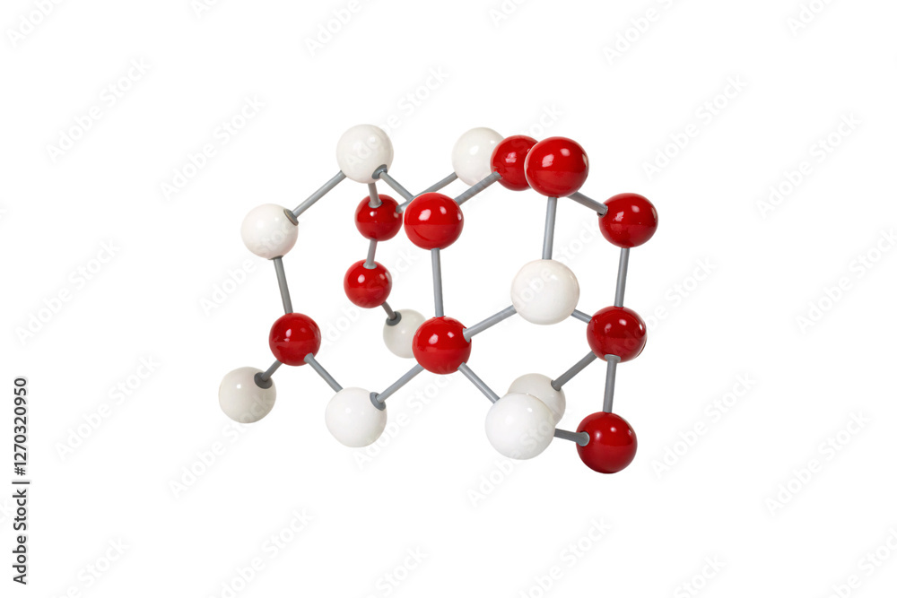 Obraz premium A molecular 3D model with red and white spheres, showcasing a different atomic arrangement, symbolizing chemistry, physics, or scientific research, isolated on a transparent background