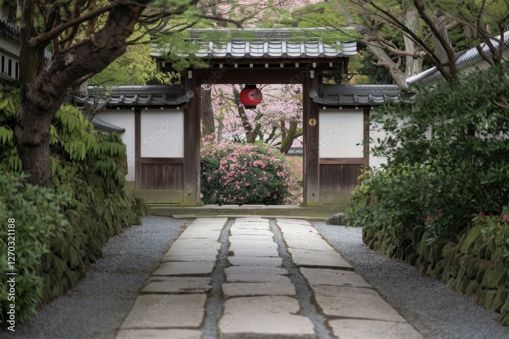 Serene Japanese Garden Gate with Lantern & Cherry Blossoms, stone pathway, low-angle, soft light, pink & green hues, traditional architecture, tranquil mood Serene Japanese Garden Gate with Lantern & Cherry Blossoms, stone pathway, low-angle, soft light, pink & green hues, traditional architecture, tranquil mood