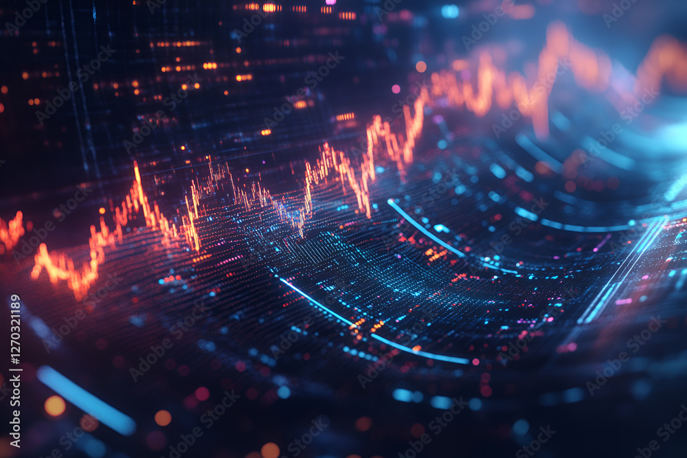 Obraz premium Financial Data Visualization: Dynamic digital display showcases a fluctuating line graph representing financial data, with an abstract design and high-tech aesthetics.