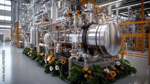 Industrial machinery setup in a modern factory, with floral decorations.  Possible use  Showcase of new industrial equipment
