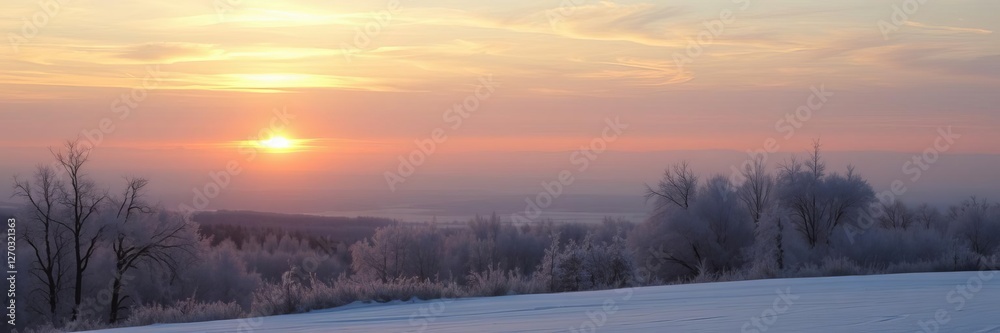 Fototapeta premium Winter landscape with snow covered trees glowing in golden sunset light, horizon, golden glow, season