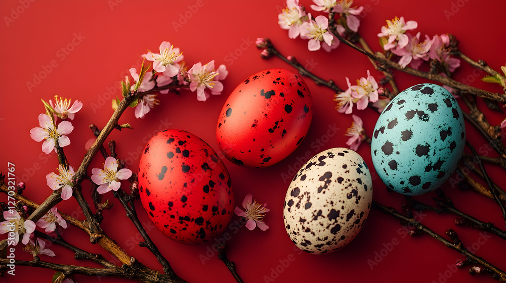 Obraz premium Colorful Easter Eggs on Red Background with Cherry Blossoms