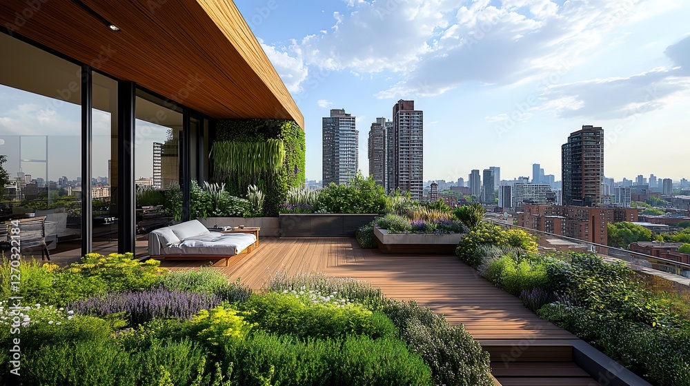 Naklejka premium Urban rooftop garden with lush greenery and a panoramic city view