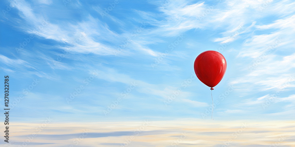 Fototapeta premium Soaring Red Balloon in Azure Sky: A vibrant red balloon drifts weightlessly against a backdrop of a bright azure sky dotted with fluffy, whispy clouds.