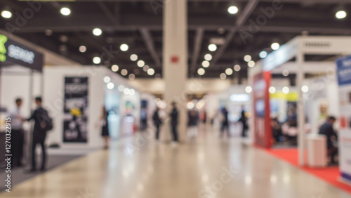 A blurred, out-of-focus backdrop of a public exhibition space. This setting could represent a business tradeshow, job fair, or stock market event. It encompasses organizational or corporate gatherings